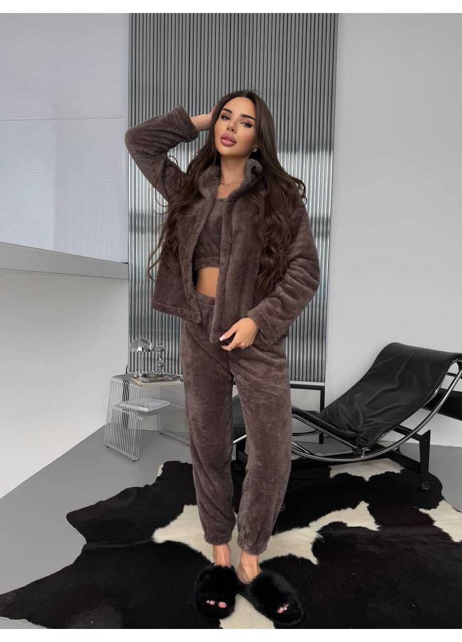 Коричневая зимняя пижама 349 тройка турецкая двухсторонняя махра топ,штаны, кофта с капюшоном Україна