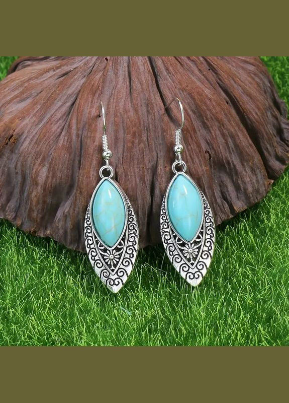 Ретро серьги в форме капли воды с узорами и искусственным бирюзовым камнем серебристые 5.3 см Liresmina Jewelry (361048779)