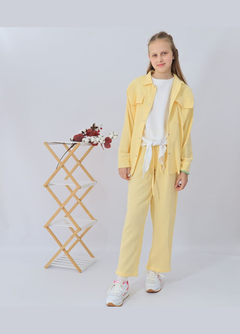 Бирюзовый летний детский лимонный муслиновый комплект унисекс рубашка+ штаны+футболка палаццо mrou с рубашкой, брючный No Brand