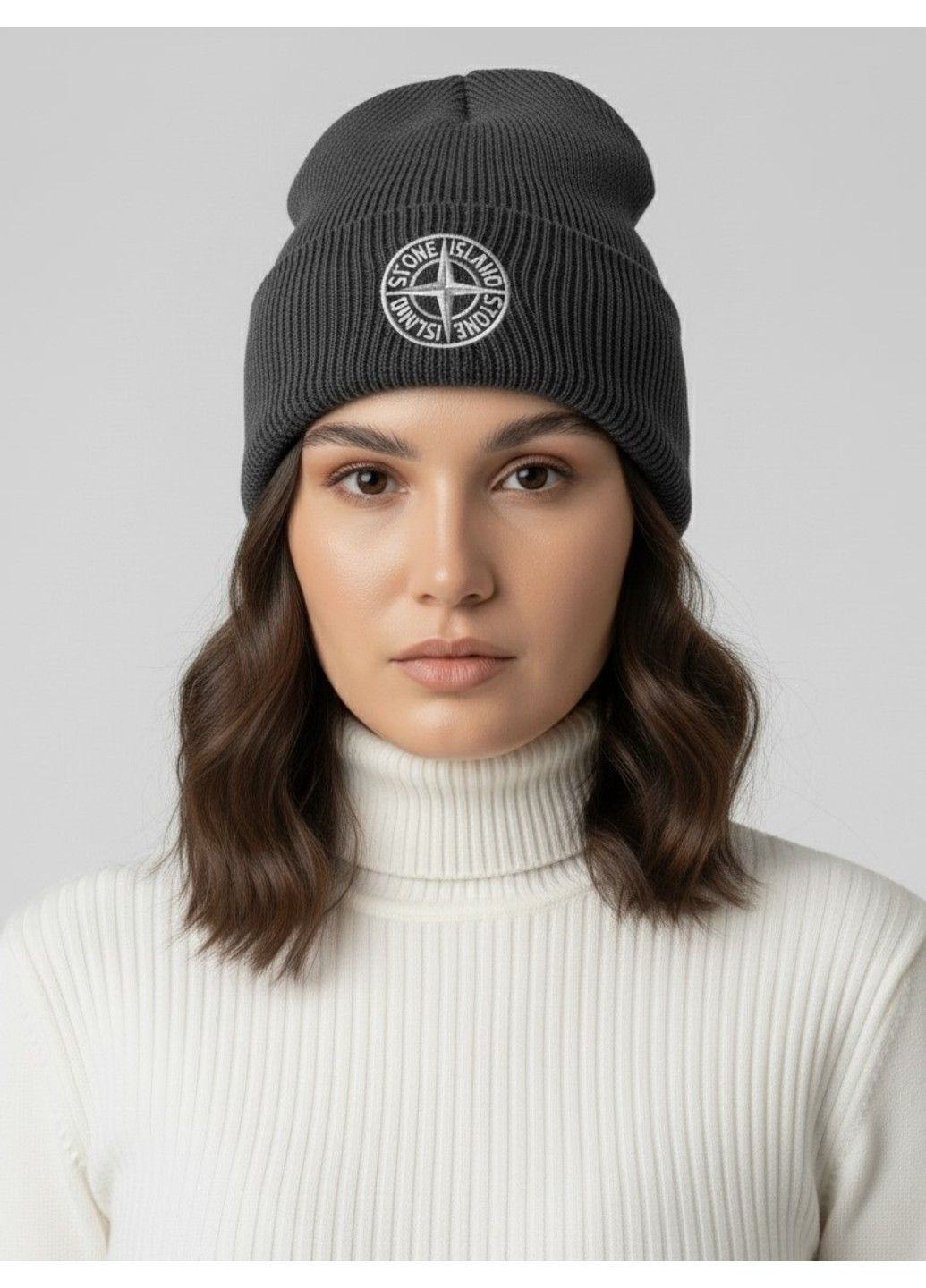 Шапка унісекс Stone подвійна з відворотом темно-сіра No Brand (363968680)