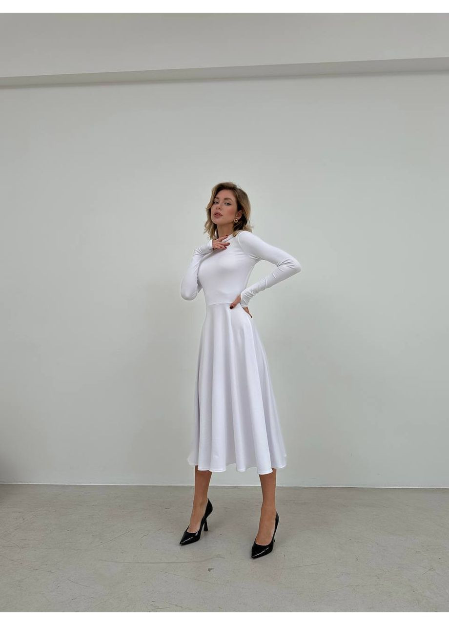 Білий еластична сукня кльош міді бiлого кольору 35953 кльош Fashion однотонна