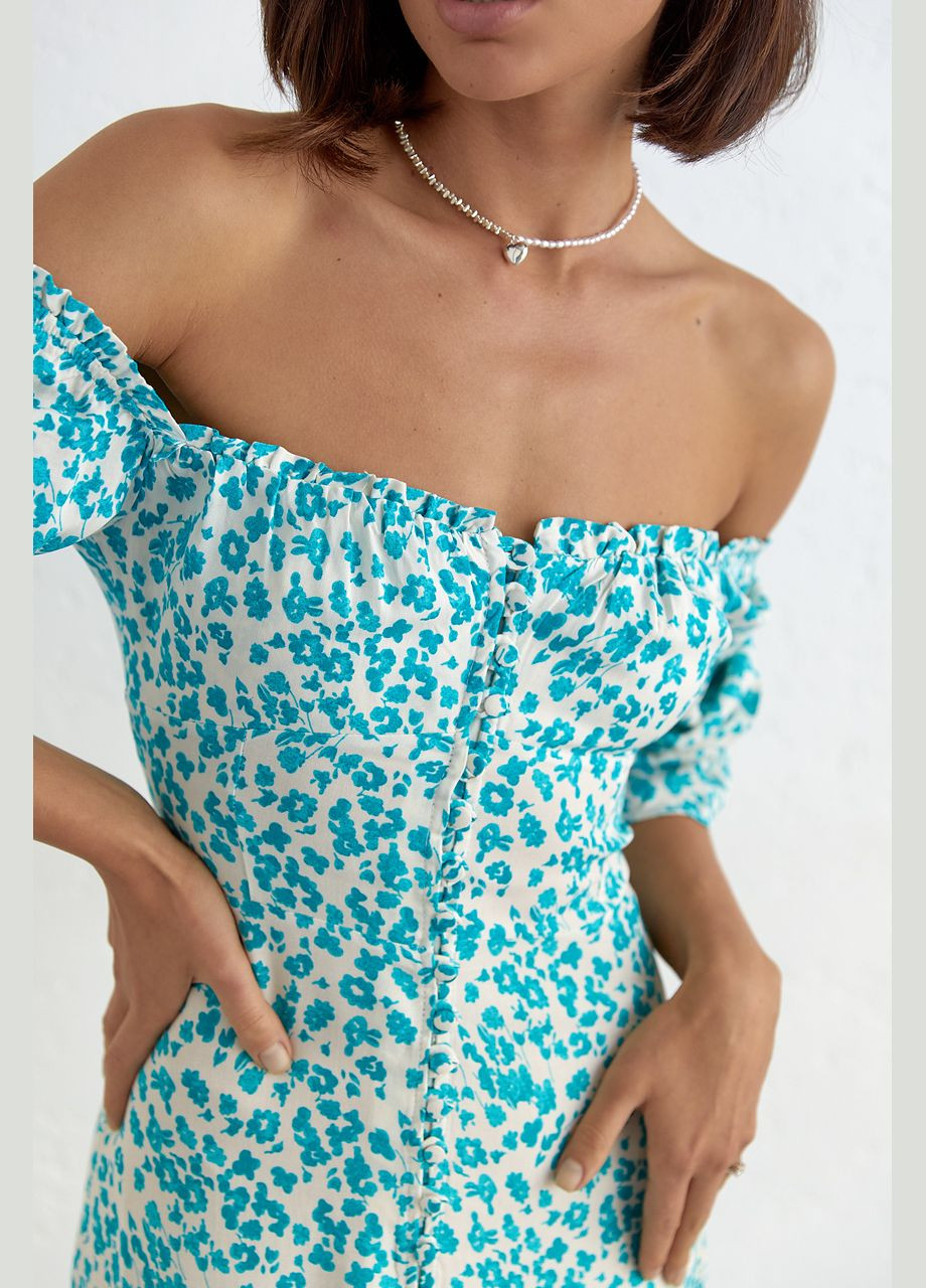 Бирюзовое повседневный летнее платье на пуговицах и с открытыми плечами 6439 Lurex с цветочным принтом