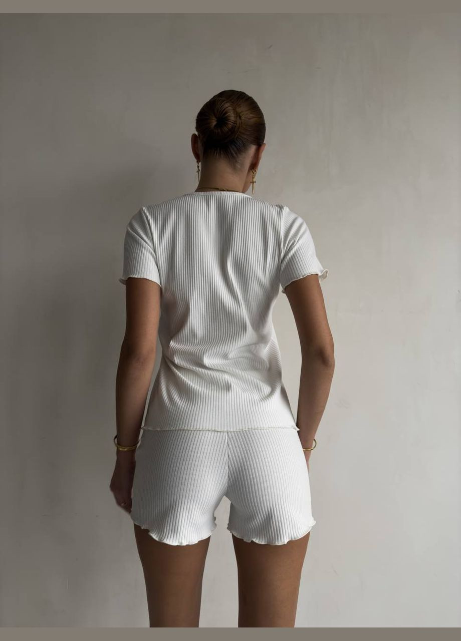 Біла піжама жіноча футболка, шорти та штани, жіноча піжама в рубчик біла, комплект піжамний для жінок 3в1 No Brand