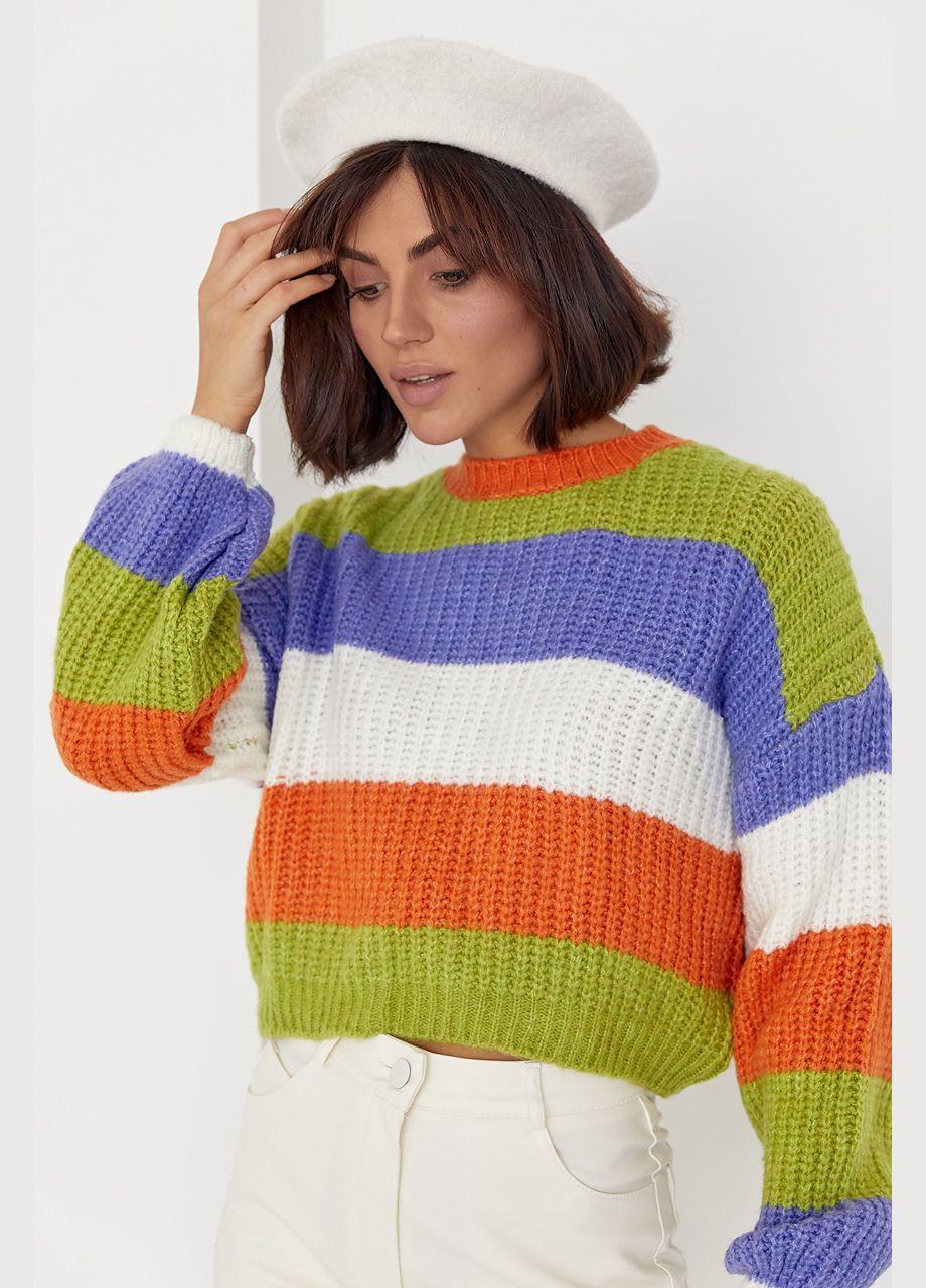 Оранжевый демисезонный укороченный вязаный свитер в цветную полоску 172 Lurex