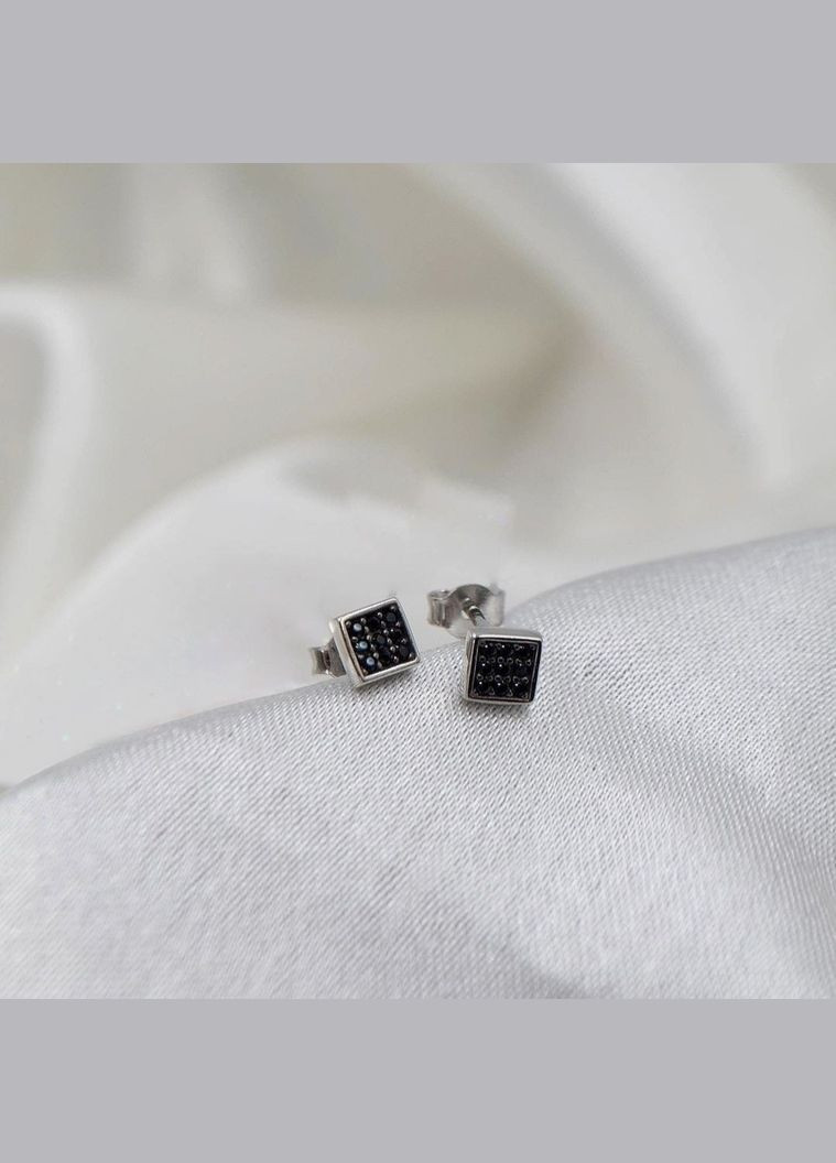 Срібні сережки гвоздики на фіксаторах Квадрат з Чорним Камінням срібло 925 проби Родоване 1054ф2 0.90г No Brand (306743342)