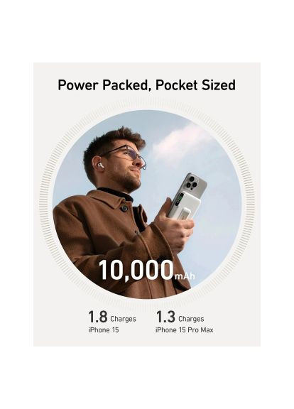 Батарея универсальная MagGo 10000mAh, Qi2/15W, PD, 27W, USB-C, white (A1654G21) Anker Qi2/15W, PD, 27W, USB-C, white, MagGo 10000mAh (370021363)