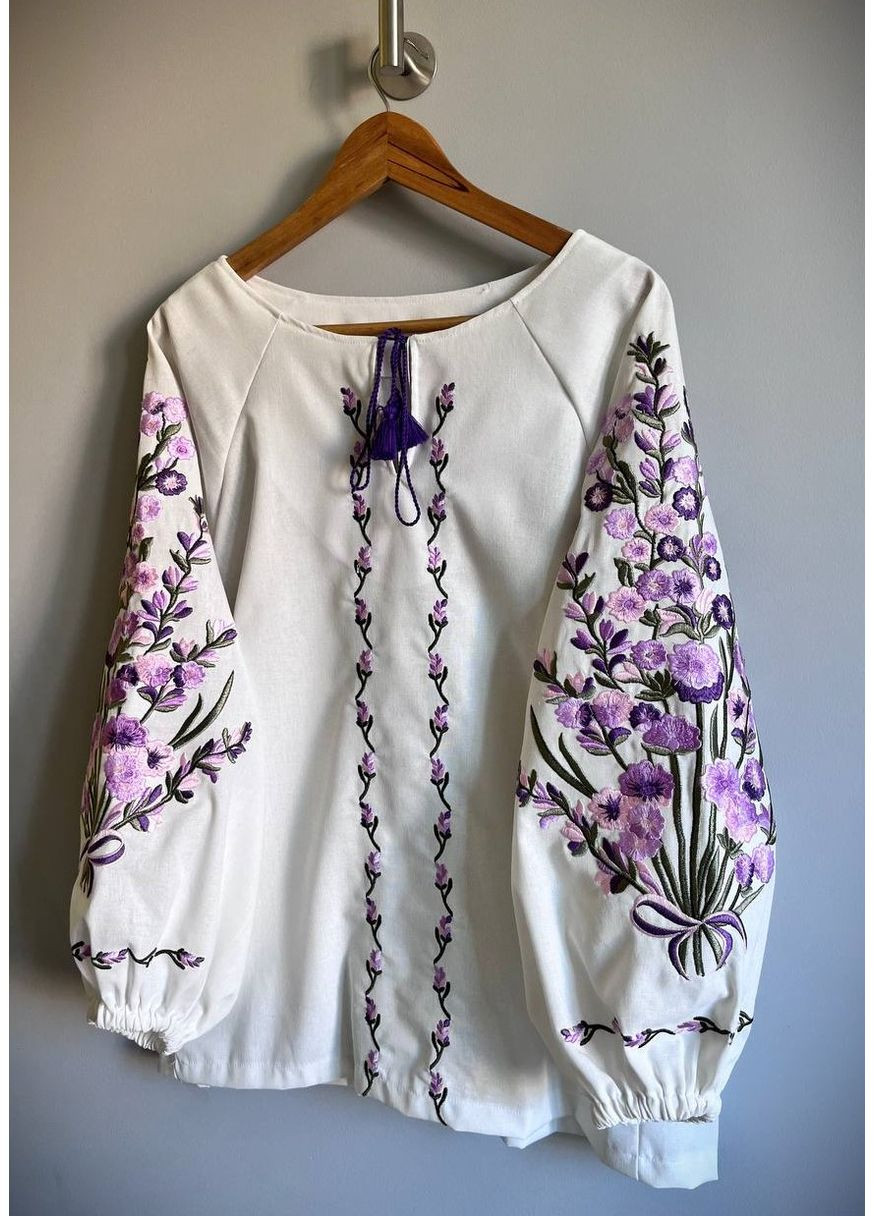 Молочная женская льняная вышиванка этно блуза с вышивкой узор цветочный приталенная, свободная, прямой лен (322503779)