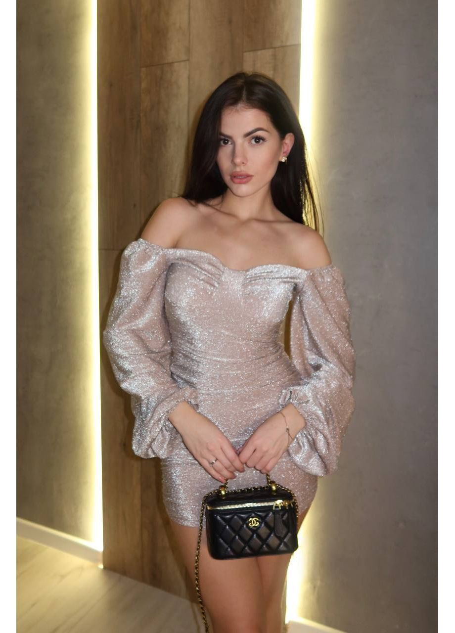 Золотистий святковий, коктейльна, вечірня жіноча універсальна міні сукня з люрексу силуетна, з відкритими плечима Avanti однотонна