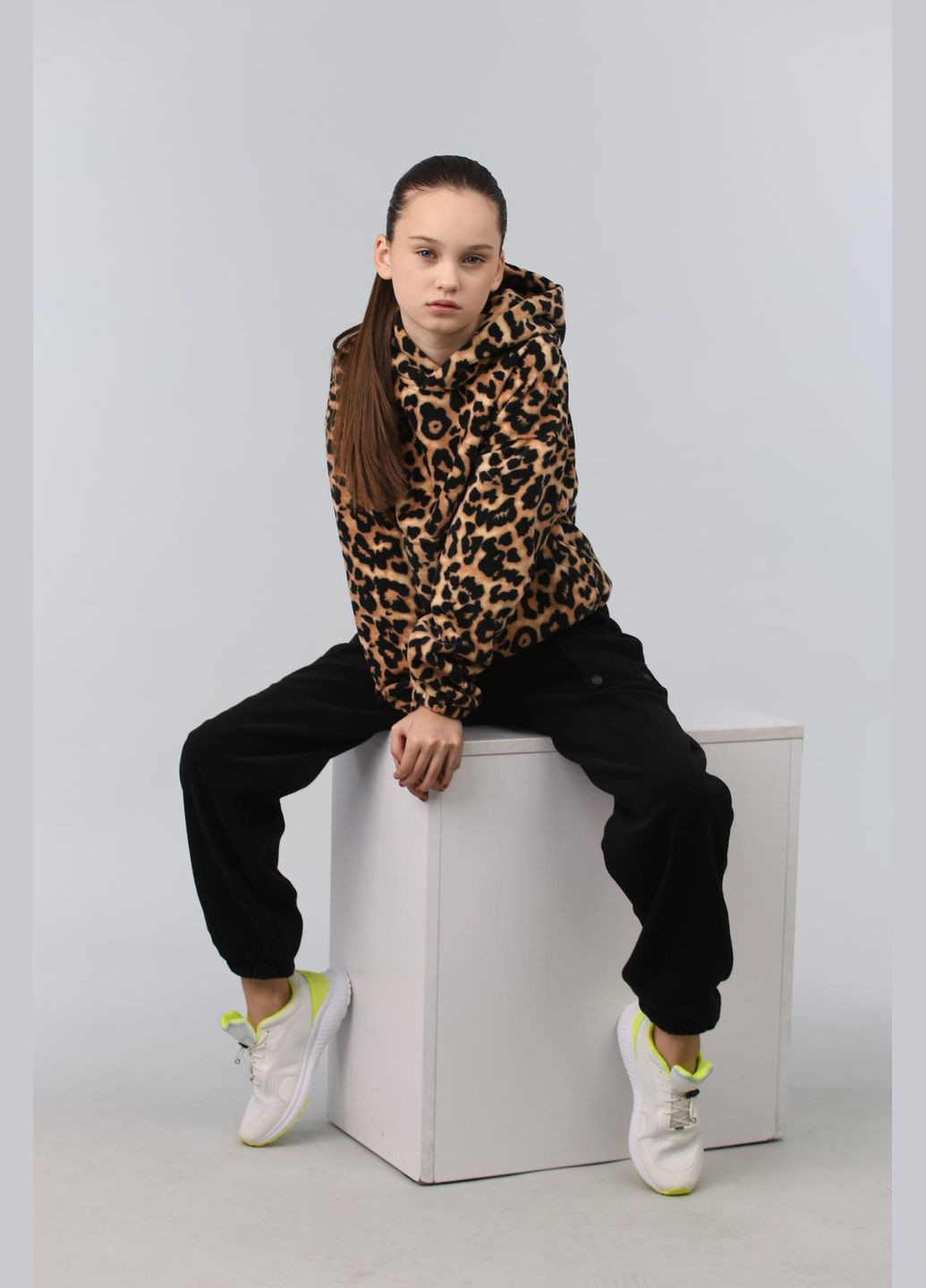 Коричневый демисезонный костюм (штаны, худи) подростковый леопардовый брючный IRmAS оверсайз