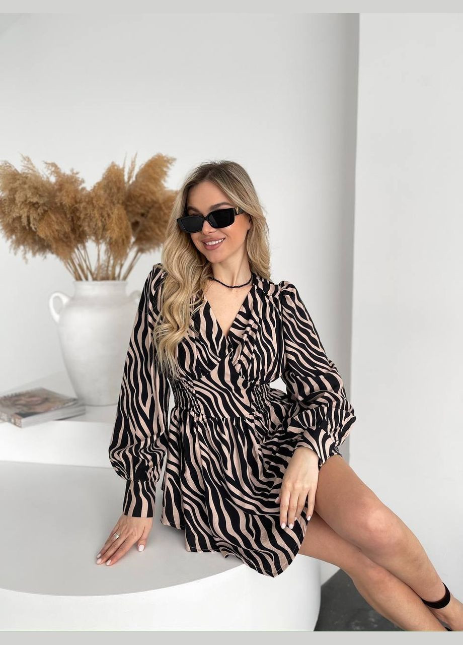 Бежевое праздничный женское платье FINO Mode с цветочным принтом