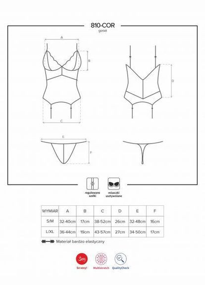 Корсет 810-COR-1 з мереживом та пажами для панчох, чорний, S/M Obsessive (303888696)
