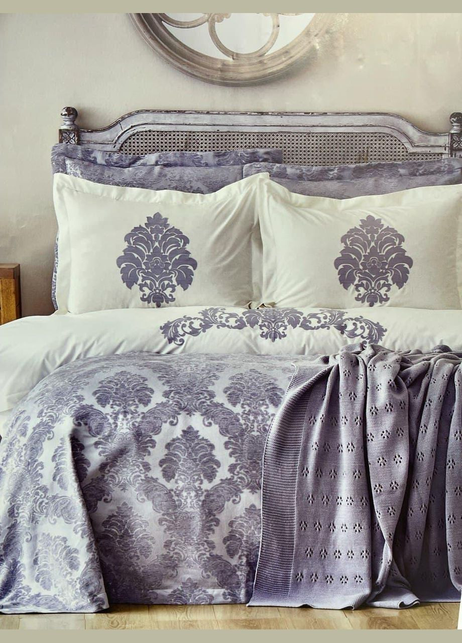 Набор постельное белье с покрывалом + плед Adrienne gri серый евро (10) Karaca Home (285778724)