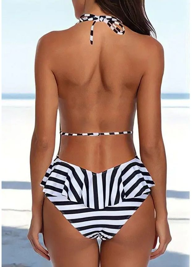 Чорно-білий демісезонний купальник суцільний з відкритою спинкою з зав’язками на шиї монохром, жіночий купальник з принтом смужки, сучасний образ суцільний, пландж No Brand купальник з принтом смужки чорний з білим