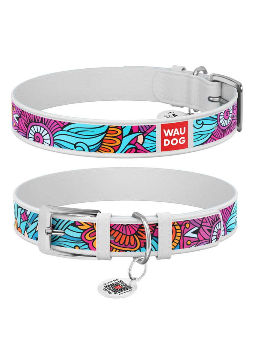 Нашийник для собак шкіряний WAUDOG Design з QR паспортом, малюнок Літо М, Ш 20 мм, Дл 29-38 см білий Collar (321969812)