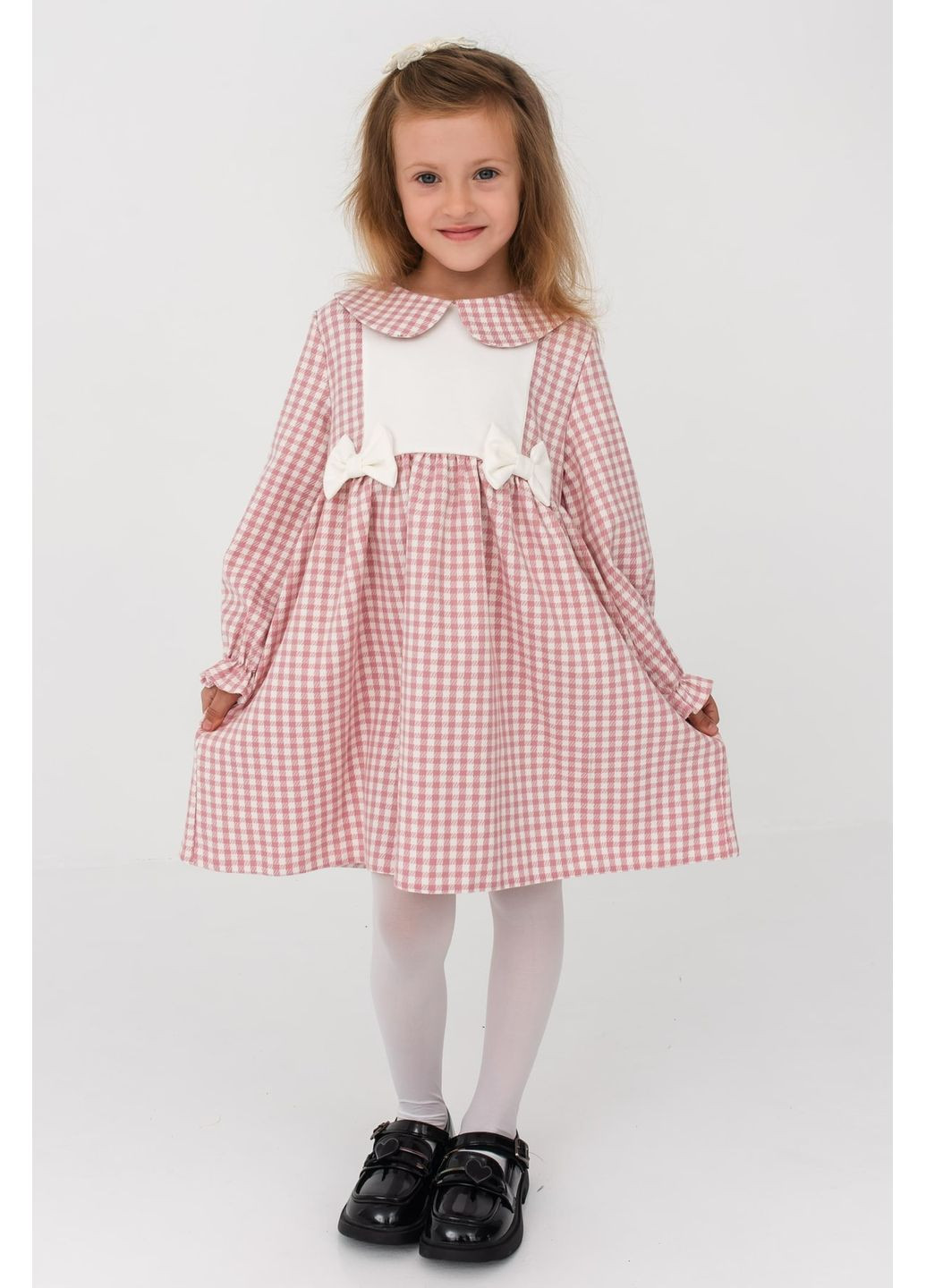 Персикова сукня для дівчинки в клітинку «віталіна» з довгим рукавом denchik (dn-7274) Деньчик (370269961)