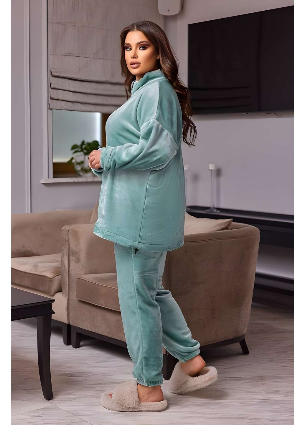 Черная зимняя женская качественная теплая мягкая пижама черная ментолова, теплый домашний костюм кофта и брюки Україна