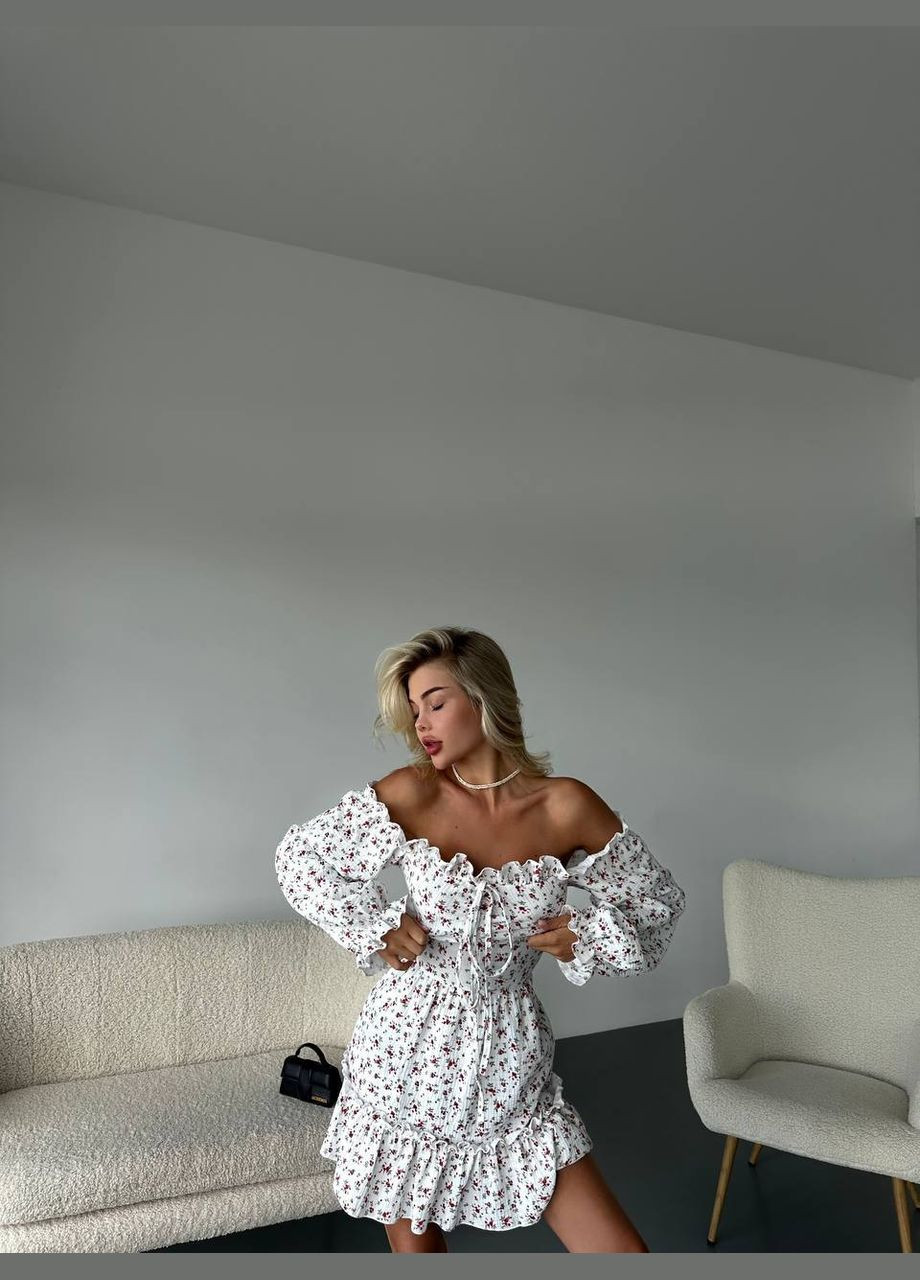 Молочна повсякденний міні сукня з мусліну Adelante з квітковим принтом