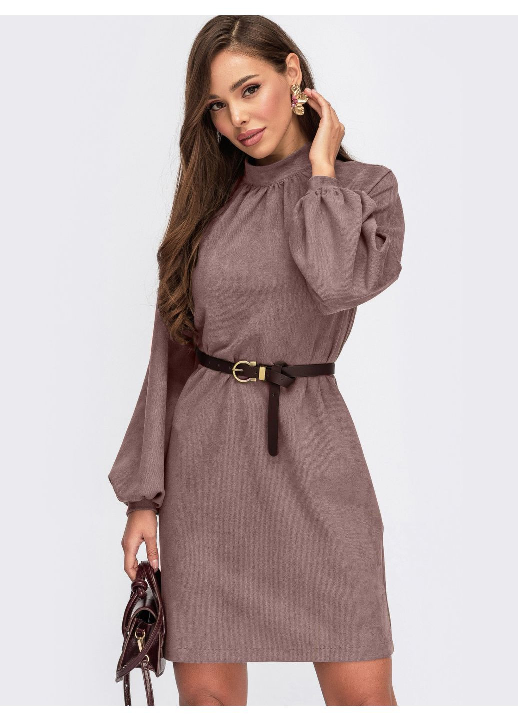 Бежевое повседневный платье из замши с объемным рукавом бежевое Dressa однотонное