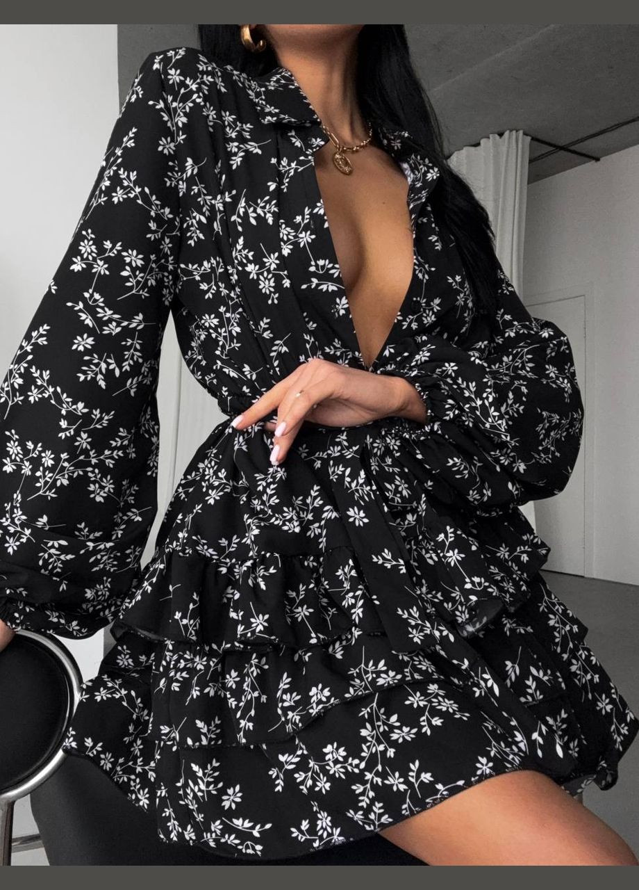 Чорна повсякденний, кежуал жіночка чорна сукня No Brand з квітковим принтом