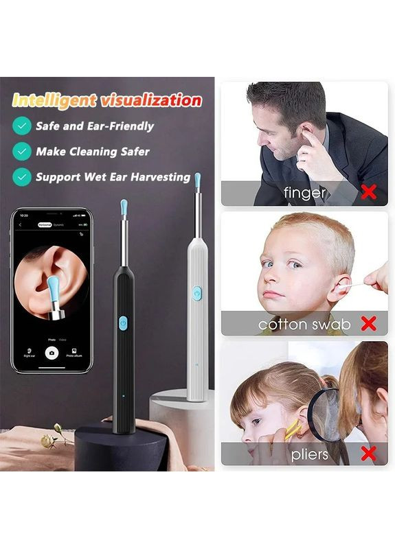 Бездротовий Wi-Fi Отоскоп (ендоскоп) для вух Y39 Black 1080P Full HD з камерою, підсвіткою та набором ложечок China (364233607)