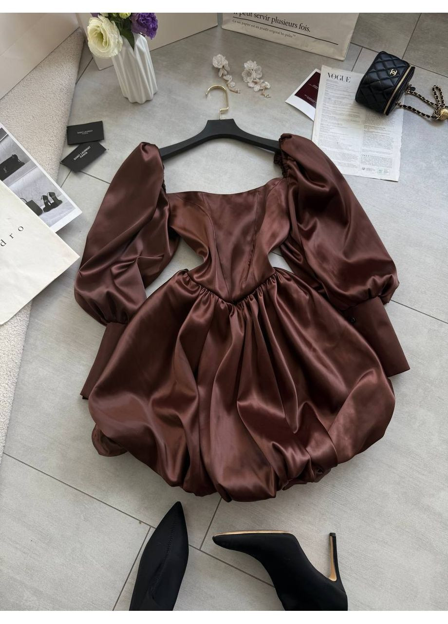 Коричнева святковий елегантна сукня з об’ємними рукавами та сяючою текстурою No Brand однотонна