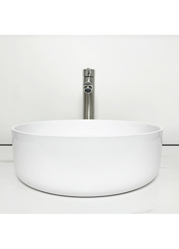 Раковина, умивальник ARENA, штучний камінь, кругла, без відвернення для змішувача та переливу, 360х113мм, накладний, білий Adamant (365749219)