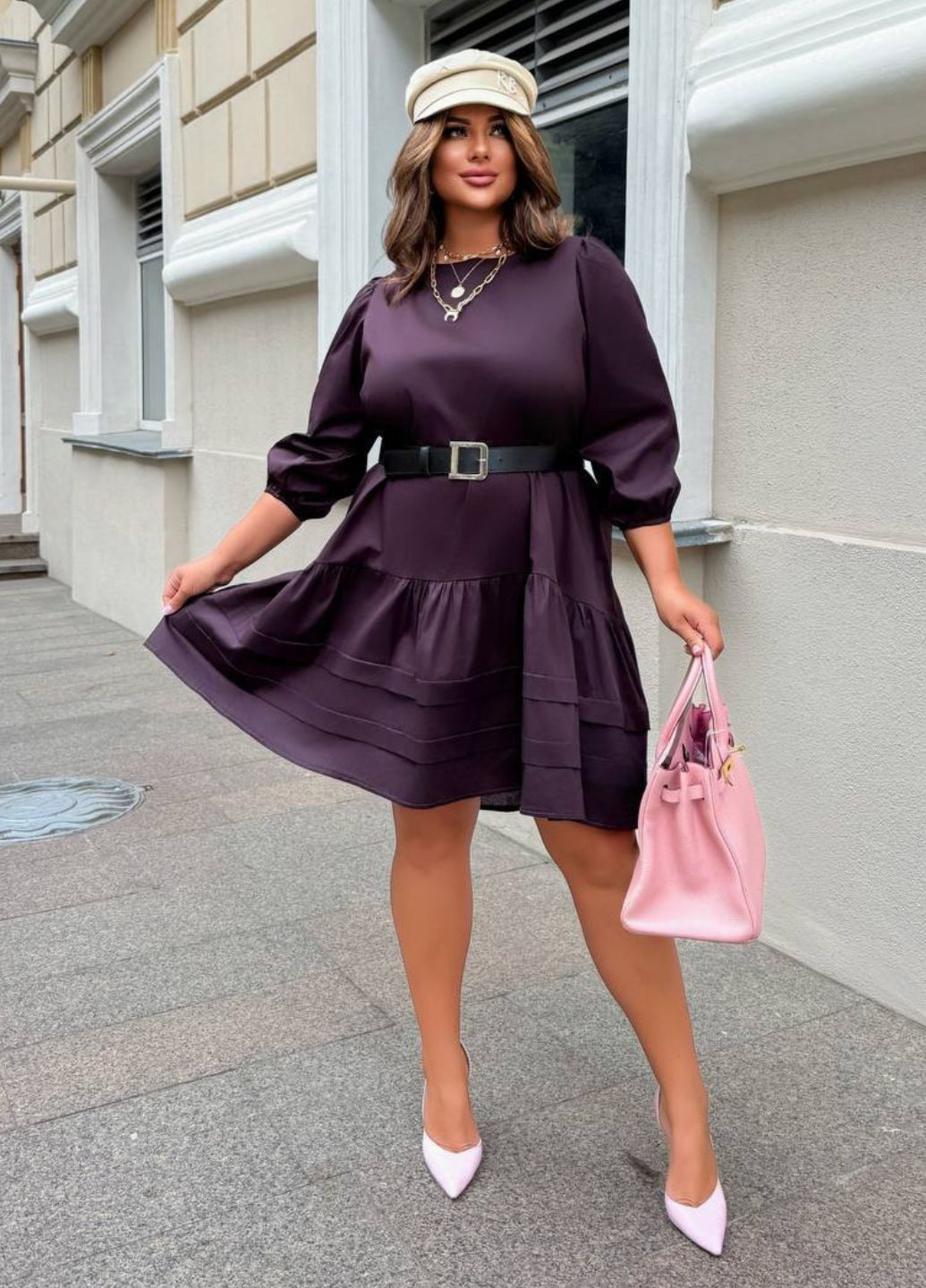 Коричневое повседневный изысканное свободное платье меди с рукавами фонарик три четверти и поясом в комплекте Allthings однотонное