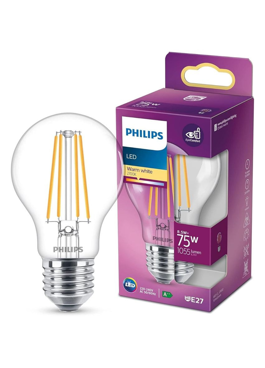 Світлодіодна лампа A60 E27 8.5W 2700K, теплий білий світ, еквівалент 75W, енергоефективна LED лампочка для дому Philips (372154202)