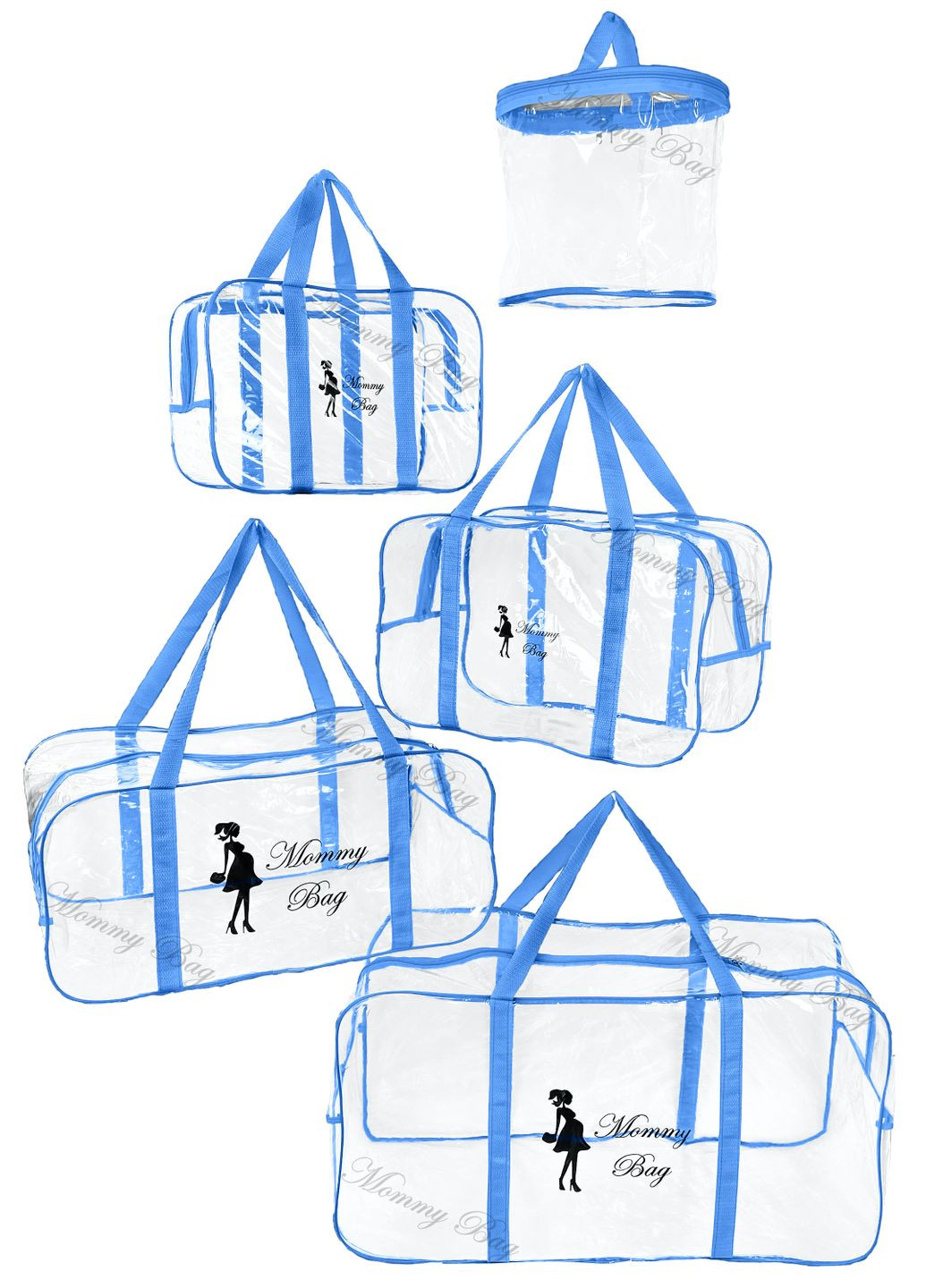 Набор 4+1 прозрачная сумка в роддом S, M, L, XL синий + подарок органайзер (b007) Mommy Bag (277372102)