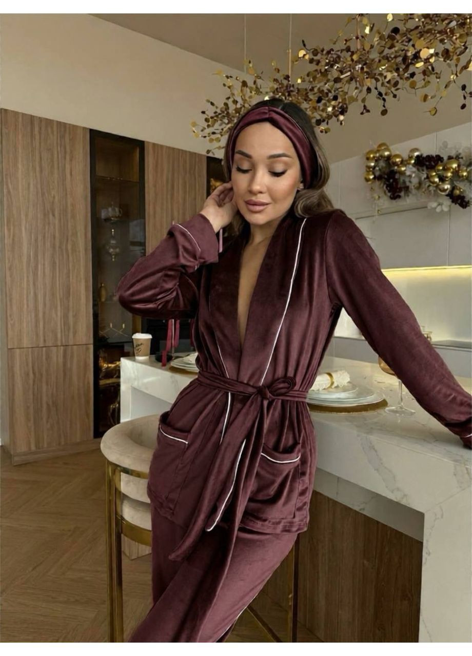 Темно-коричневая пижама 066 с повязкой велюр с кантом, кофта с поясом и штаны Україна