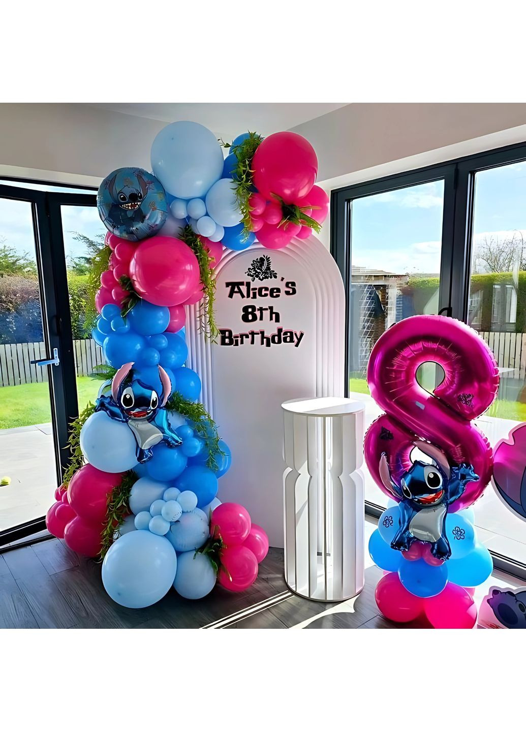 Набір 80 куль для фотозони з цифрою на вибір Стіч на хвилях океану Блакитний і фуксія No Brand (360559353)