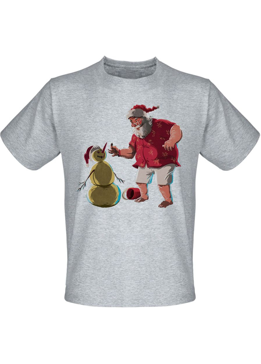 Сіра футболка новорічна santa claus and snowman christmas (меланж) Fat Cat