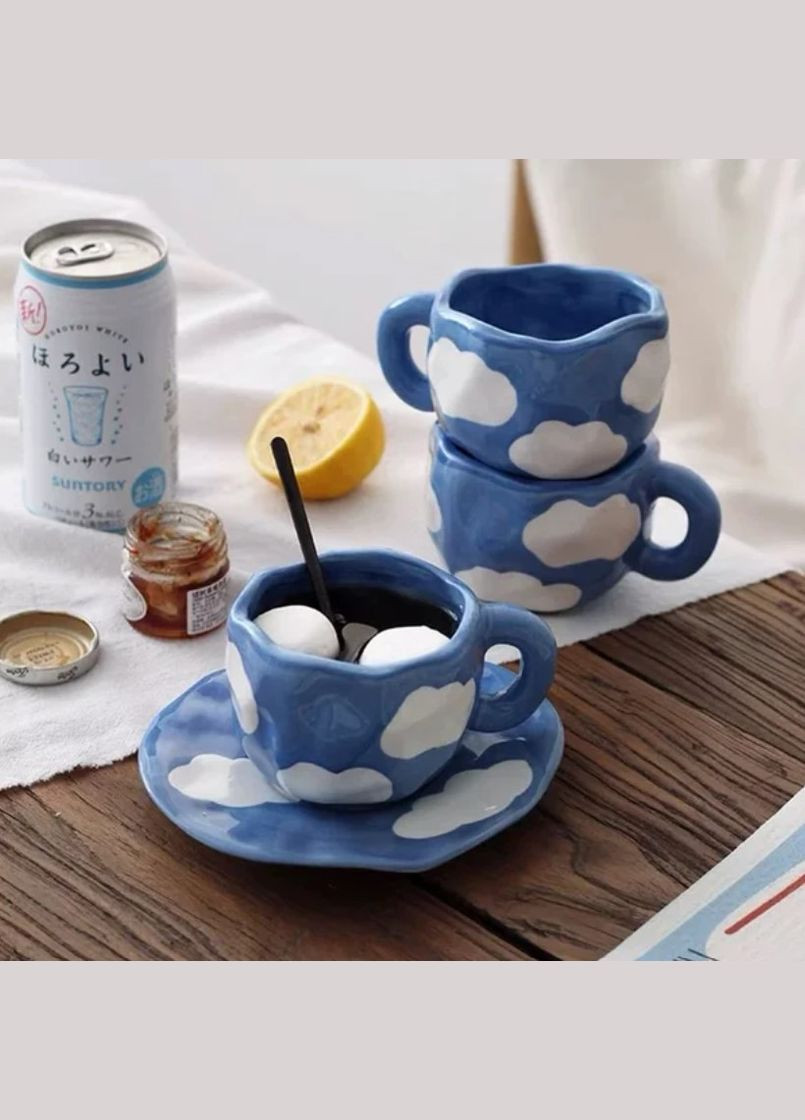 Керамическая чашка для кофе с блюдцем "Тучки" 290мл, ручной работы, синяя OSM (319155280)