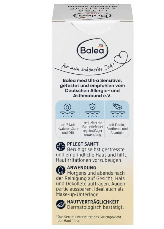 Сыворотка с 7-кратным содержанием гиалуроновой кислоты и Q10 med Intensiv Serum Ultra Sensitive, 30 ml Balea (366569437)