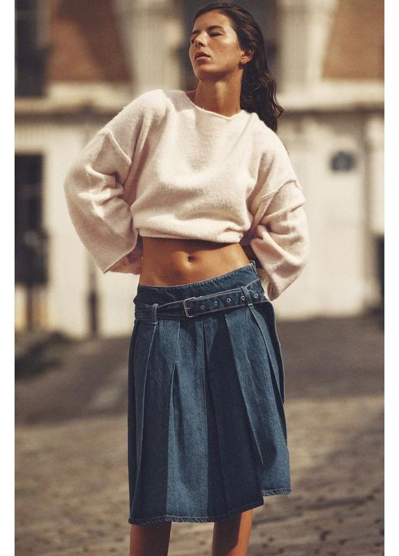 Бежевый демисезонный широкий трикотажный свитер Zara