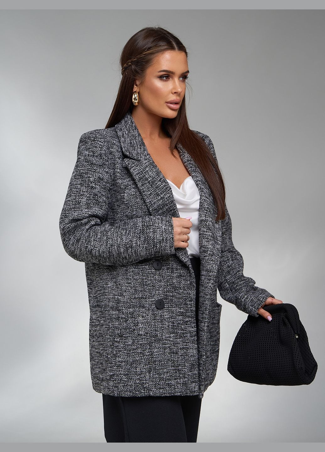 Серый женский твидовый удлиненный пиджак с карманами No Brand - демисезонный