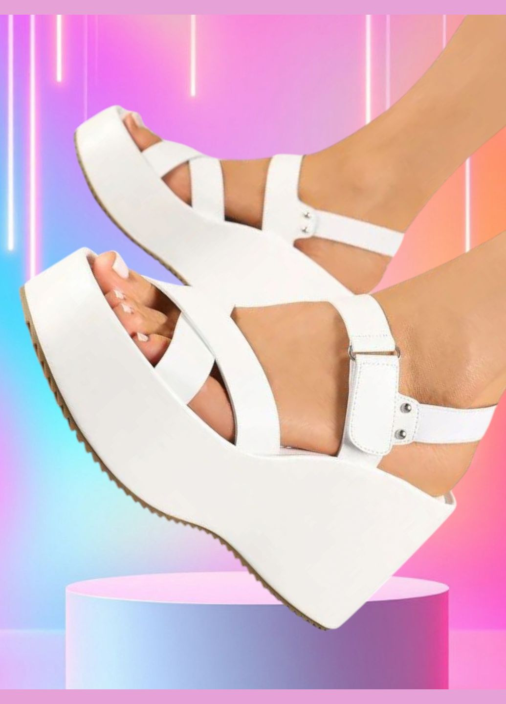 Жіночі білі босоніжки на танкетці з ремінцями та застібкою на липучці — зручні літні Gold Босоніжки (342122483)