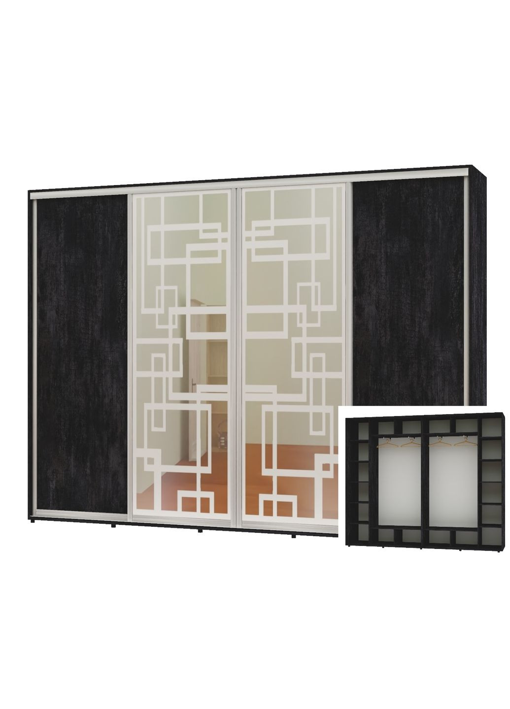 Шкаф-купе четырехдверный 280*45*240 Бетон темный 2 ДСП/2 Зеркала с пескоструйным рисунком Алекса (360476911)