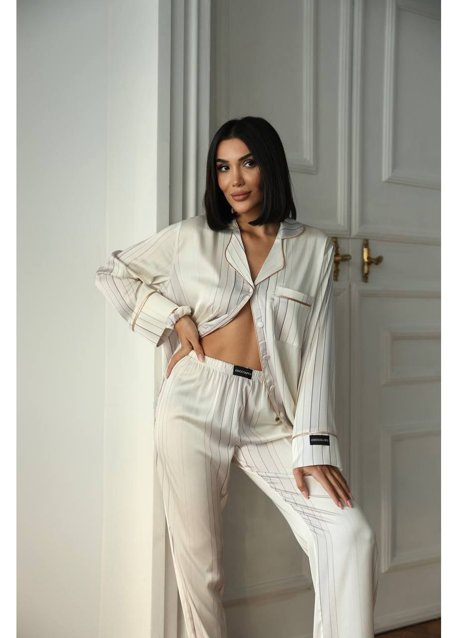 Белая всесезон женская пижама | белая с кантом рубашка + брюки Vital-Textile 1270