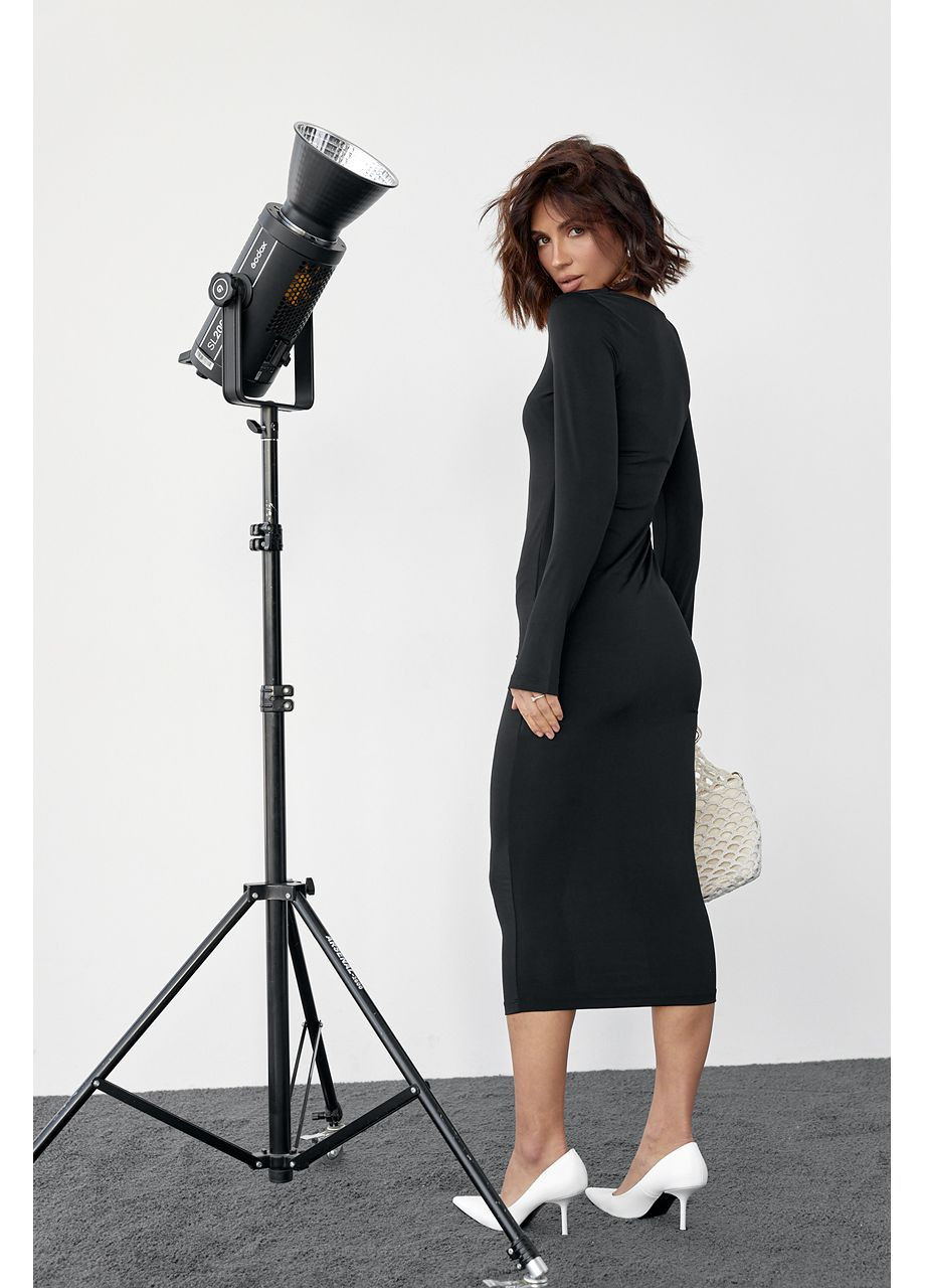 Черное повседневный, вечернее силуэтное платье миди с квадратной горловиной силуэтная Byron однотонное