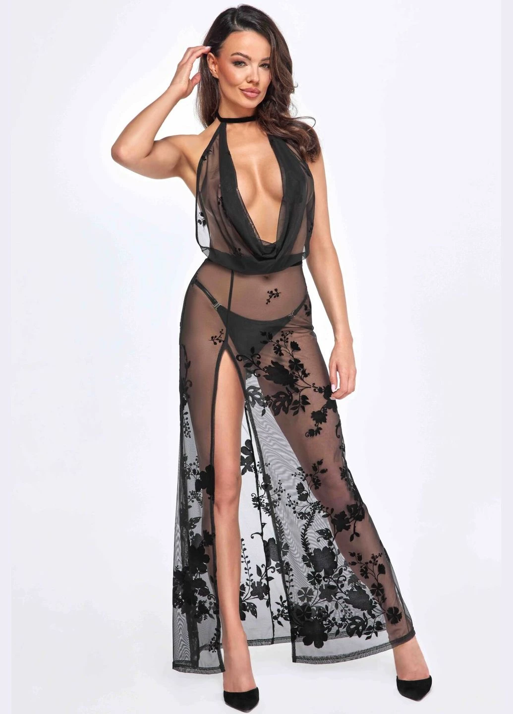 Черное платье f312 divinity long flocked mesh dress with open back cherrylove Noir Handmade