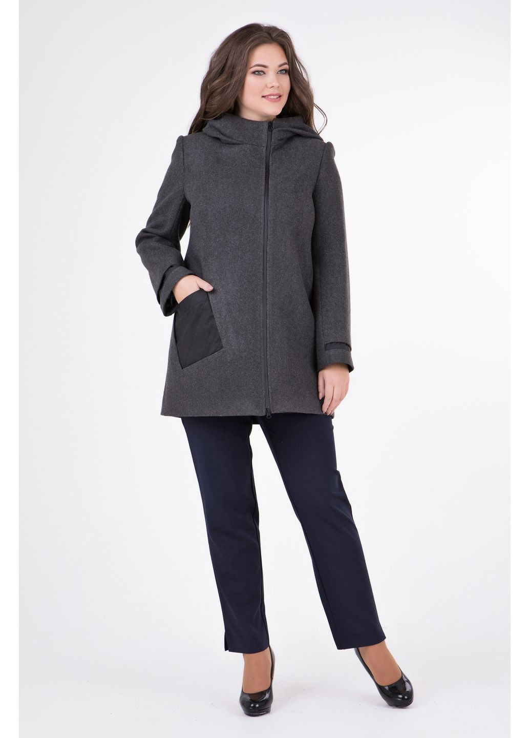 Сіре демісезонне Пальто прямого силуету з еко-шкіряною кишенею All Posa (ap1197-3p) A'll Posa