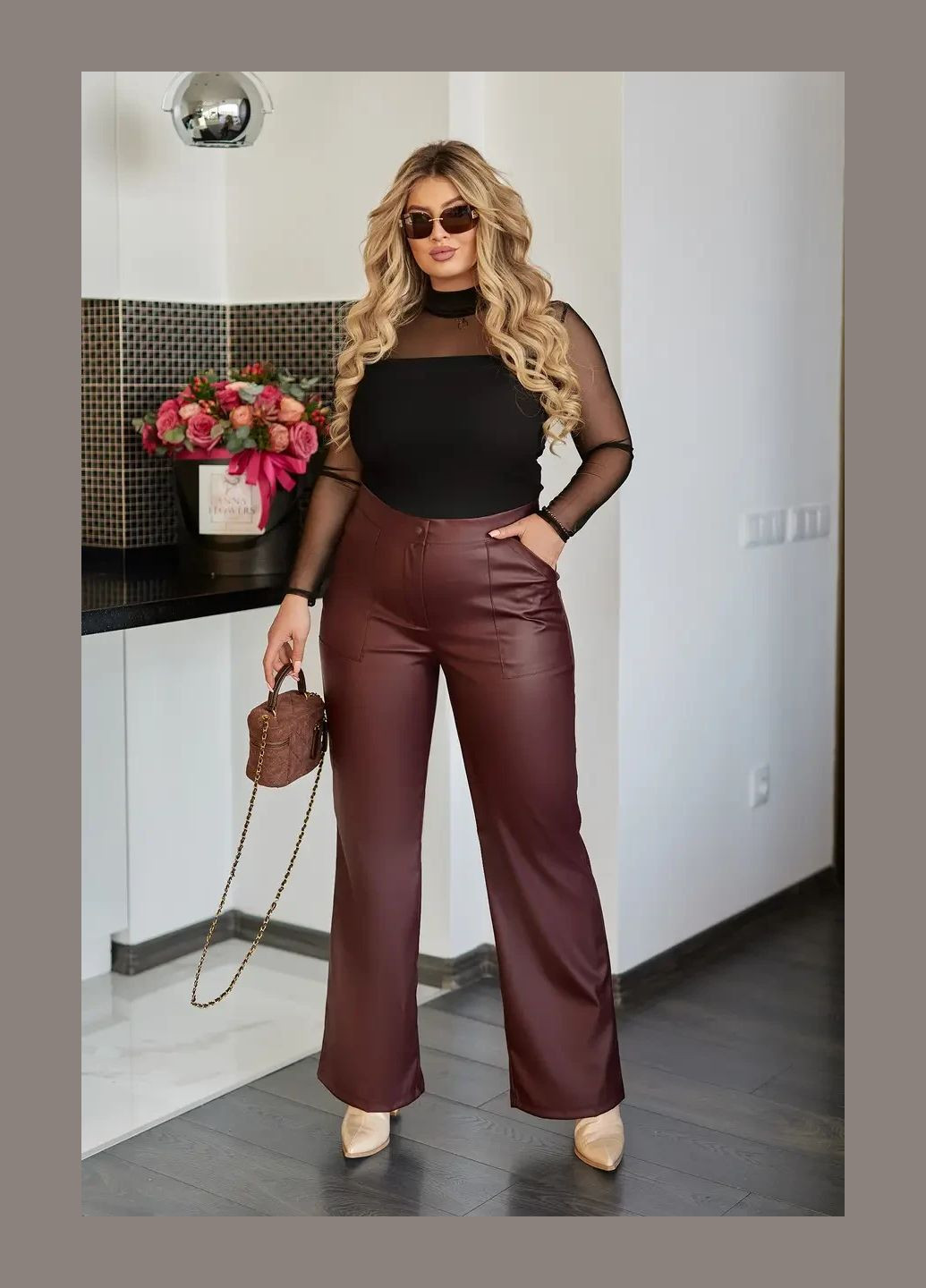 Штани з екошкіри з високою посадкою 48 розмір. Чорний No Brand (324628219)