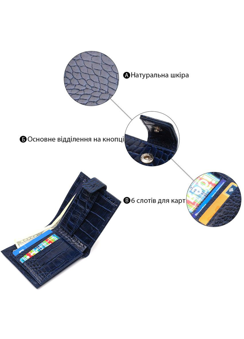 Гаманець для чоловіків горизонтального формату з натуральної шкіри з тисненням під крокодила 21769 Синій Canpellini (329147919)
