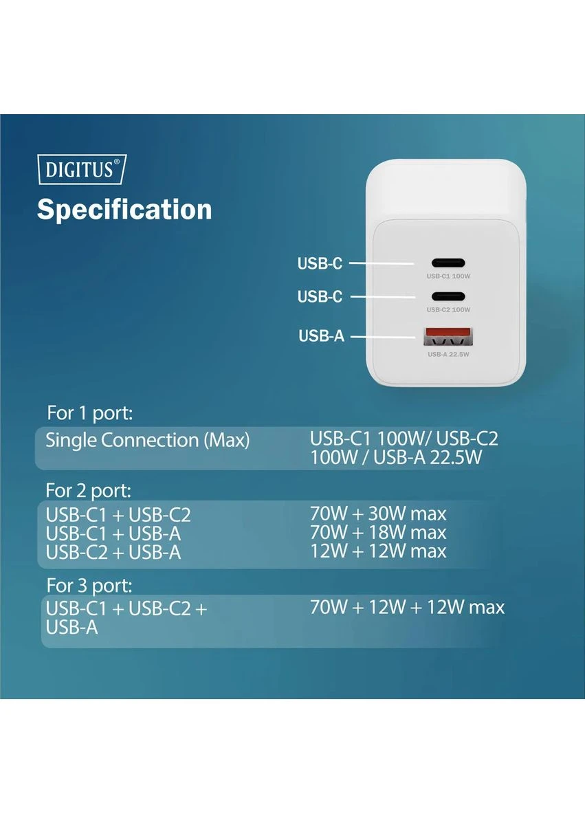 Зарядное устройство GaN 2хUSB-C, 1хUSB-A, 100W Digitus (393475559)