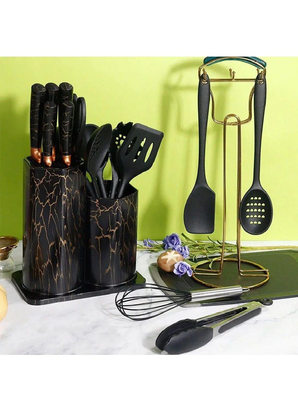 Настольный набор кухонных принадлежностей ножей с подставкой разделочной доской 19 предметов (480875-Prob) Черный Unbranded (346389810)