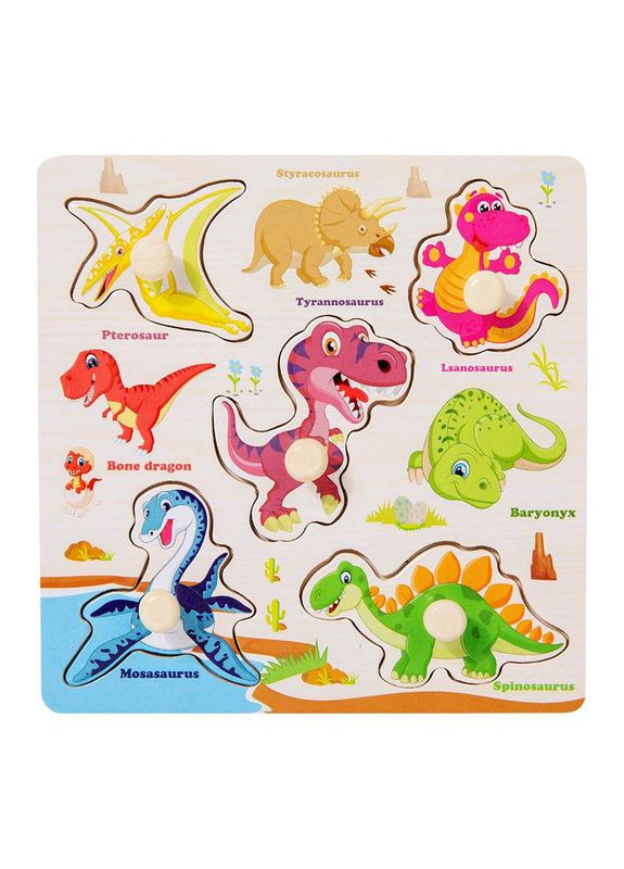 Дерев'яні пазли вкладиші С 68308 Динозаврики, з малюнком під вкладишем Fun Game (327216832)