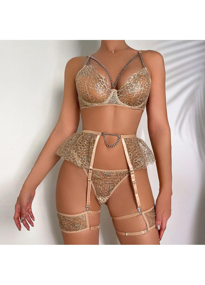Світло-коричневий демісезонний мереживний комплект із поясом. мереживний комплект нижньої білизни, сексуальна жіноча білизна, жіноча білизна з мереживом No Brand