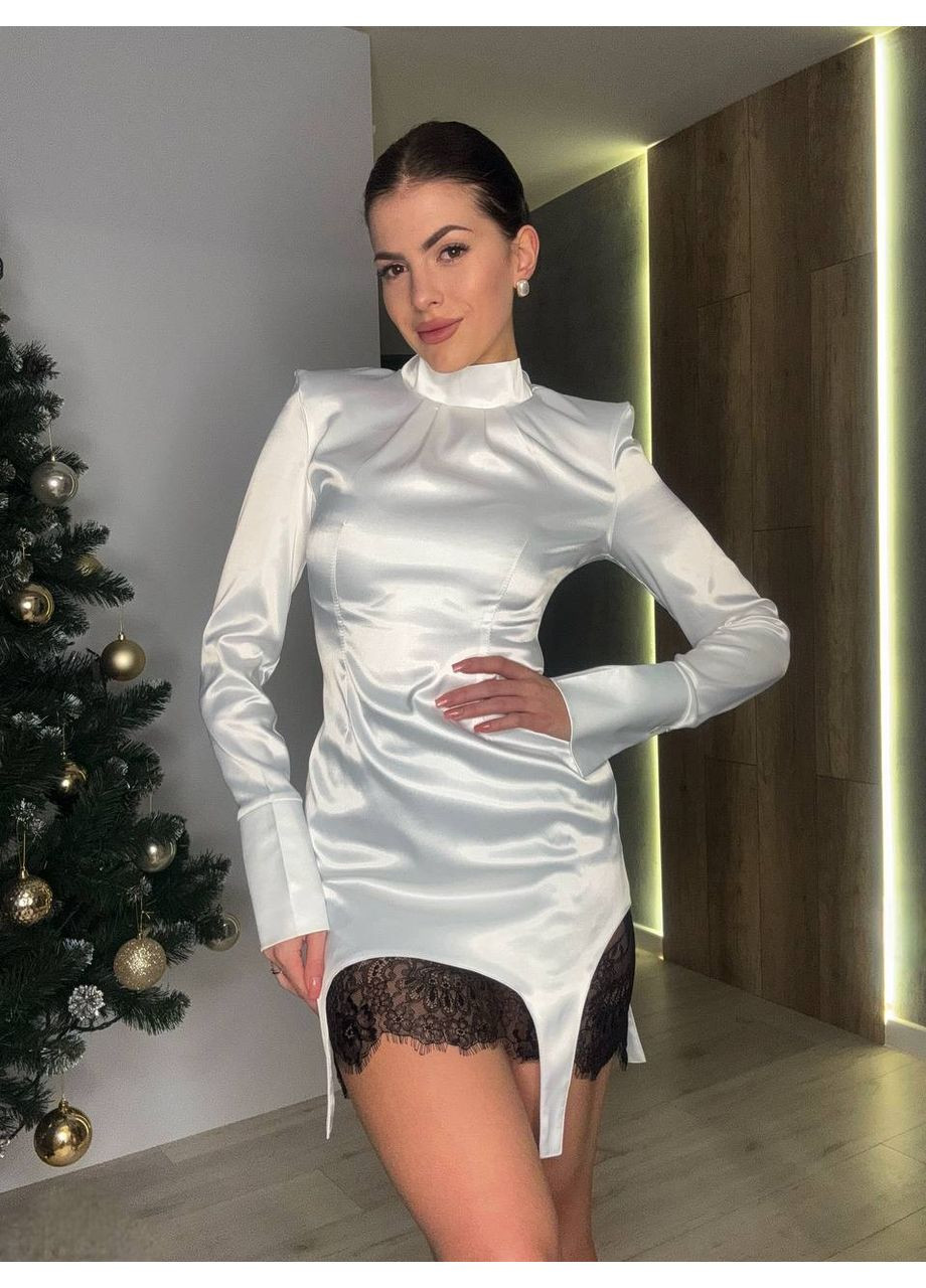 Білий вечiрня сукня мiнi з шовку бiлого кольору 36269 а-силует No Brand однотонна