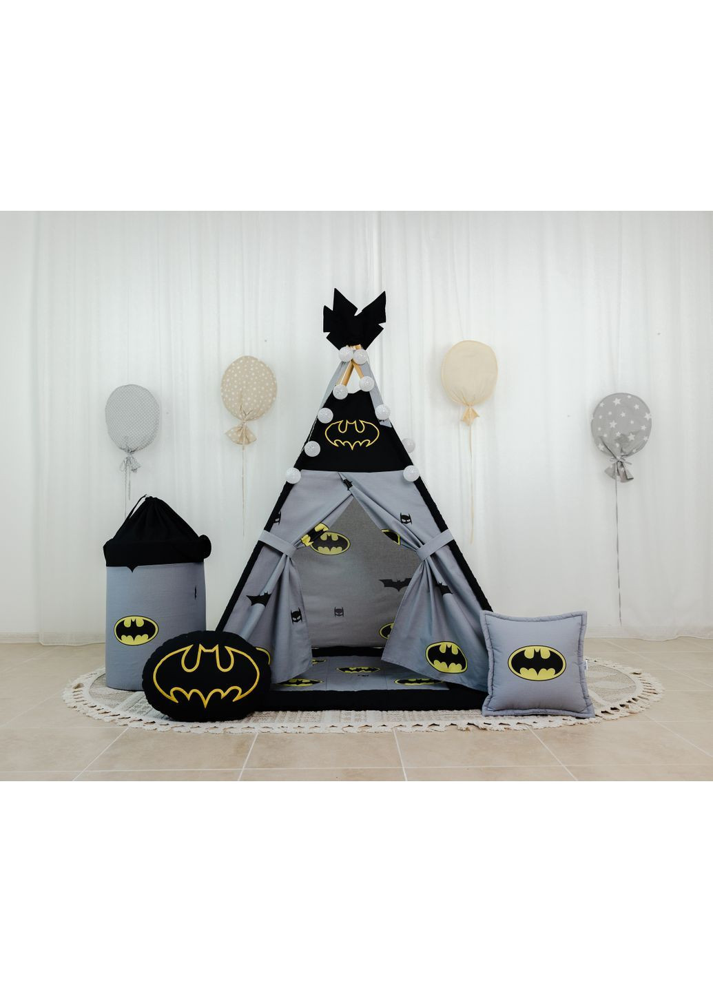 Вигвам для мальчика серый Бетмен супергерой Комплект с корзиной для игрушек No Brand (367254571)